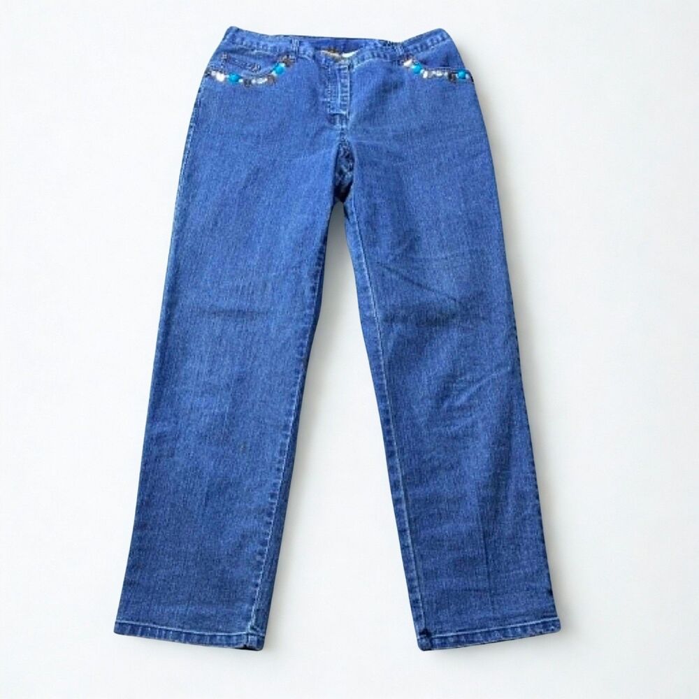 Ruby Rd Womens 6 Straight Leg Jeans Blue Mid Rise Stretch Beaded Accent